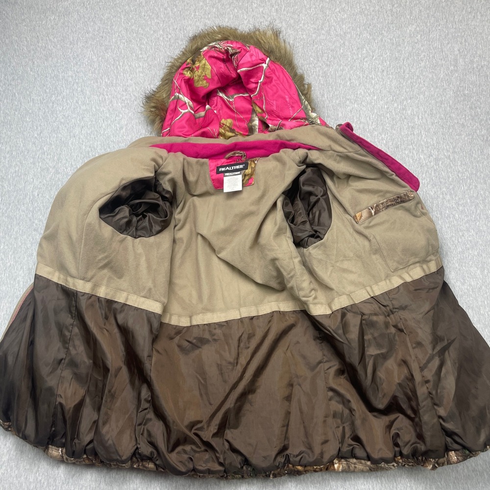 Realtree Xtra Camo Puffer Jacket Womens L Brown Pink Faux Fur Hood EUC - Picture 3 of 13